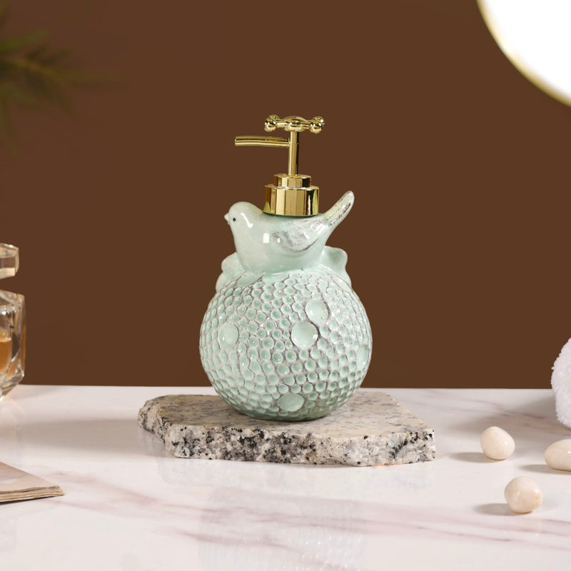Bird Ceramic Embossed Liquid Soap Dispenser Pastel Green