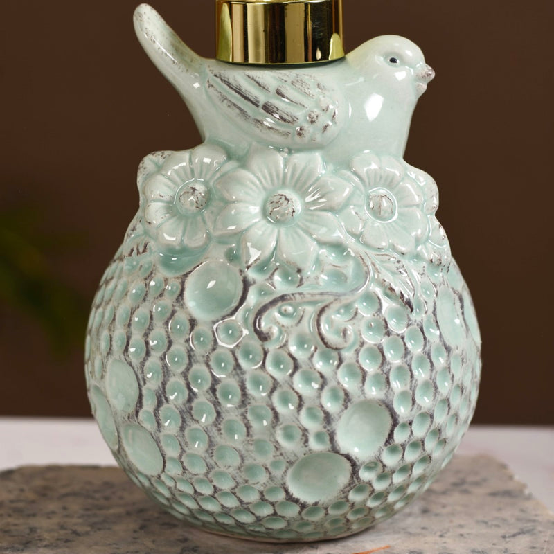 Bird Ceramic Embossed Liquid Soap Dispenser Pastel Green
