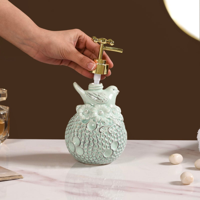 Bird Ceramic Embossed Liquid Soap Dispenser Pastel Green