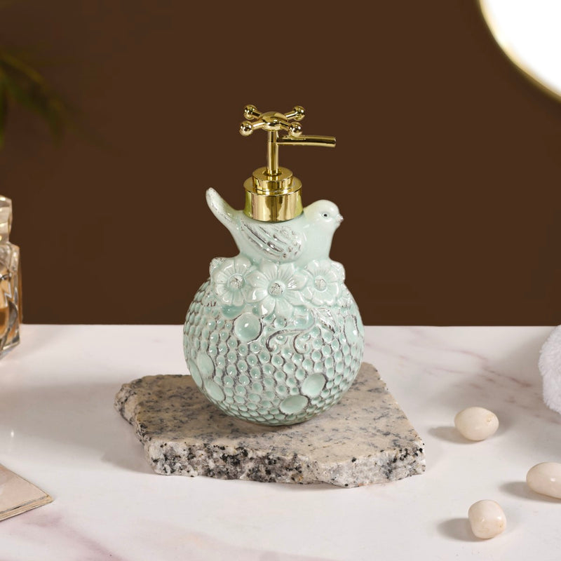 Bird Ceramic Embossed Liquid Soap Dispenser Pastel Green
