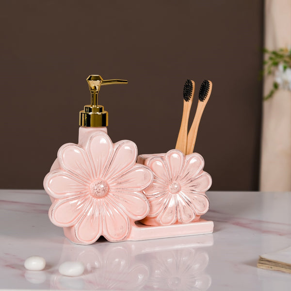 Floral Soap Dispenser With Holder Pink