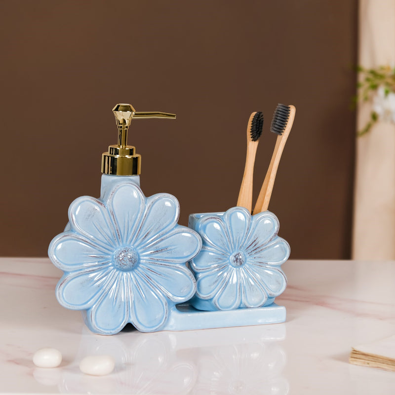 Flower Soap Dispenser With Holder Ceramic Blue