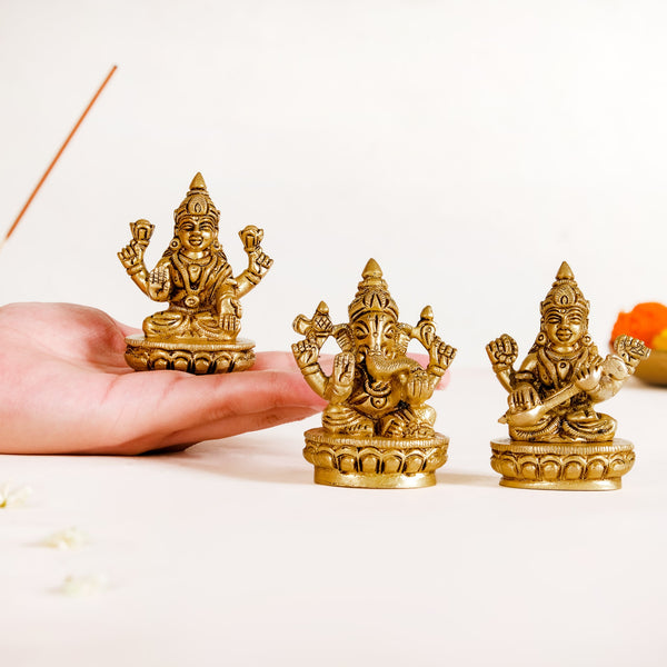 Ganesh Laxmi Saraswati Brass Puja Idol Set Of 3 7cm