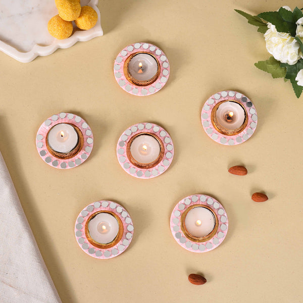 Set Of 6 Mirror Embellished Pink Tea Light Holders