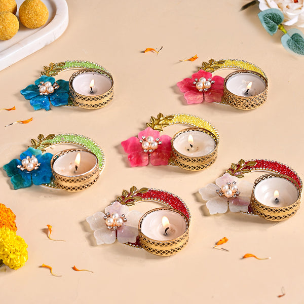 Set Of 6 Floral Ring Tea Light Holders