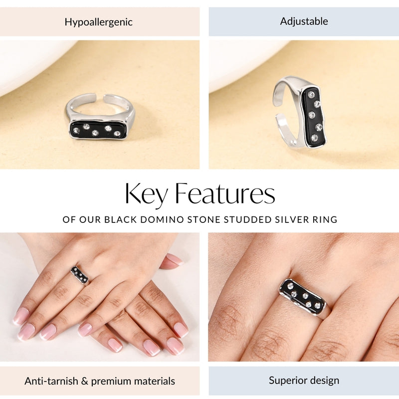 Black Domino Stone Studded Silver Ring