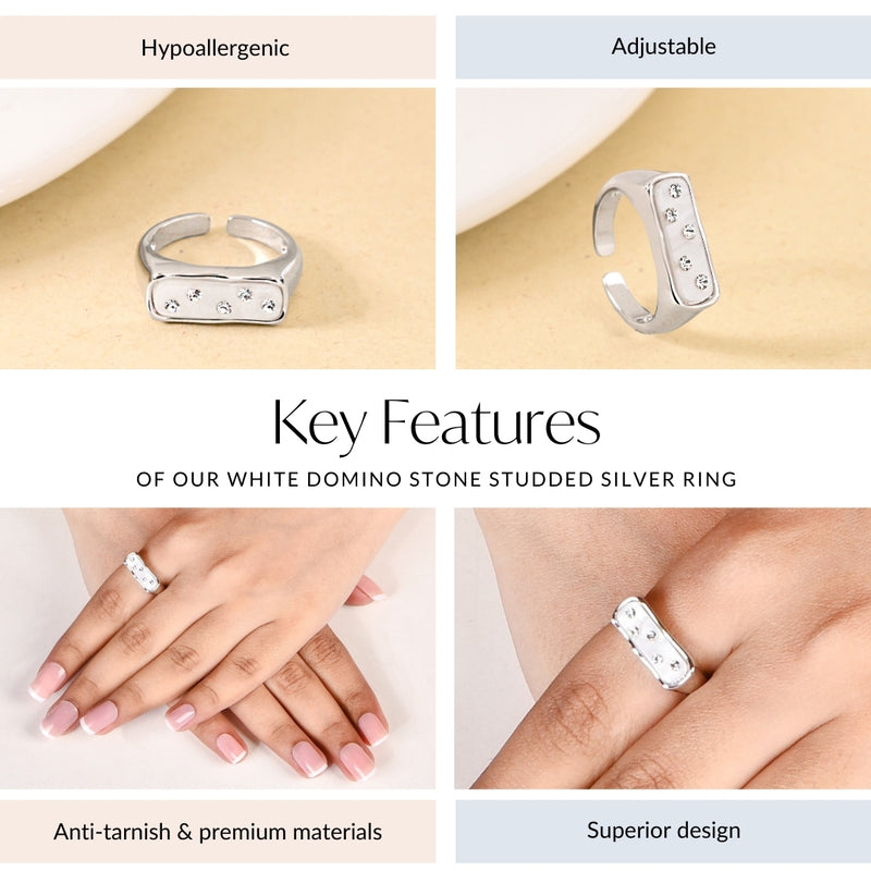 White Domino Stone Studded Silver Ring