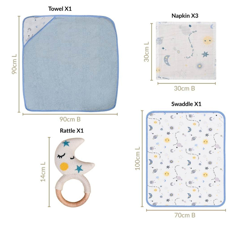 Dreamy Baby Gift Hamper With Swaddle Towel Napkin Rattle Set Of 6