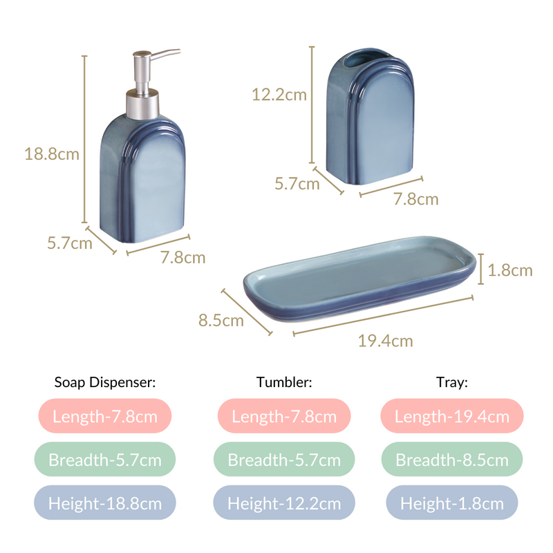 Modern Stoneware Bathroom Set of 3 Ocean Blue