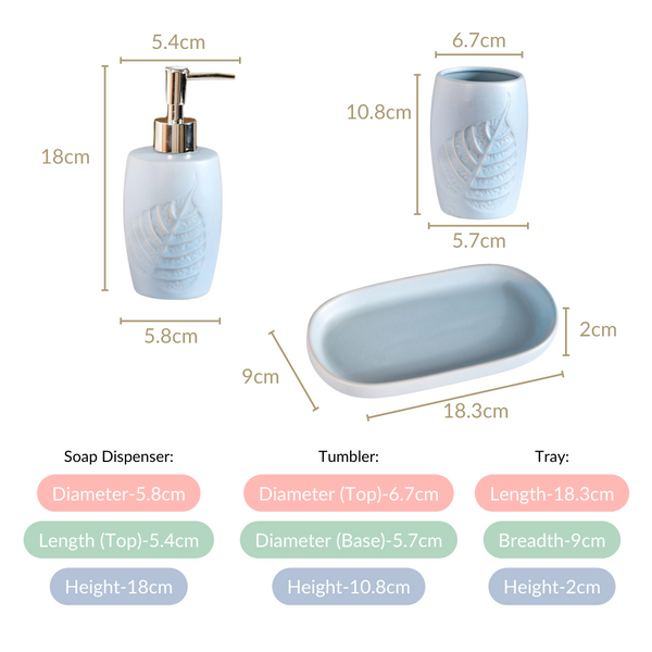 Leaf Emboss Ceramic Bath Set Of 3 With Tray Light Blue