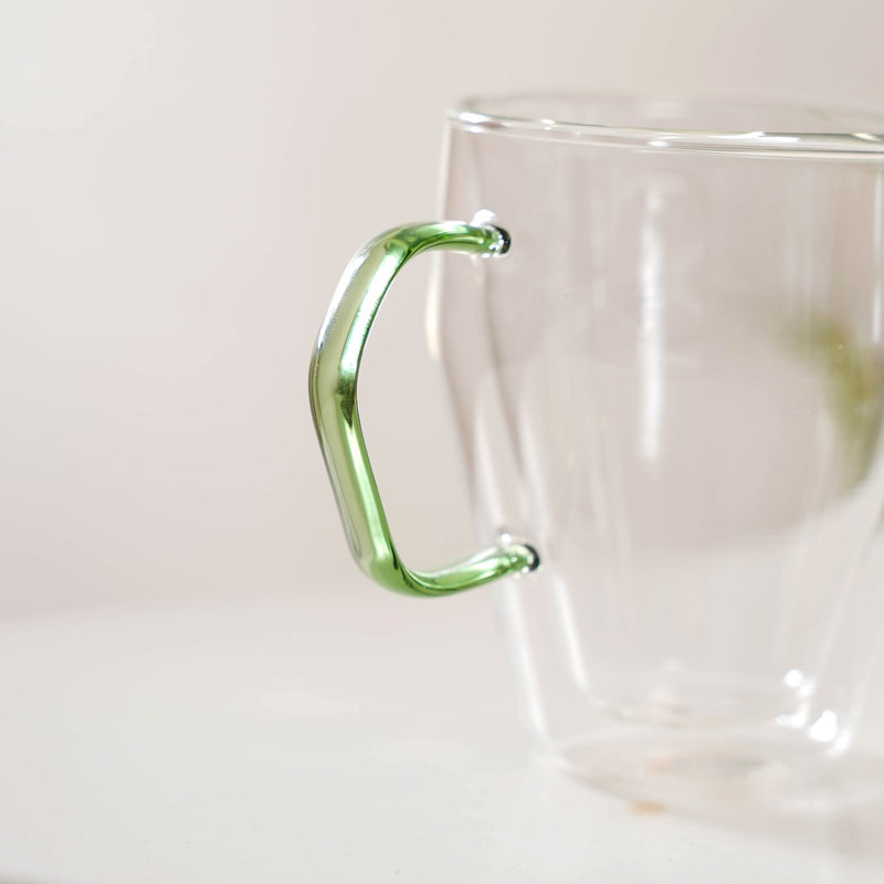 Set Of 2 Transparent Glass Mugs With Green Handle 250ml