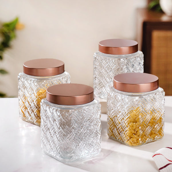 Set Of 4 Textured Glass Jars With Basket Weave 1600ml