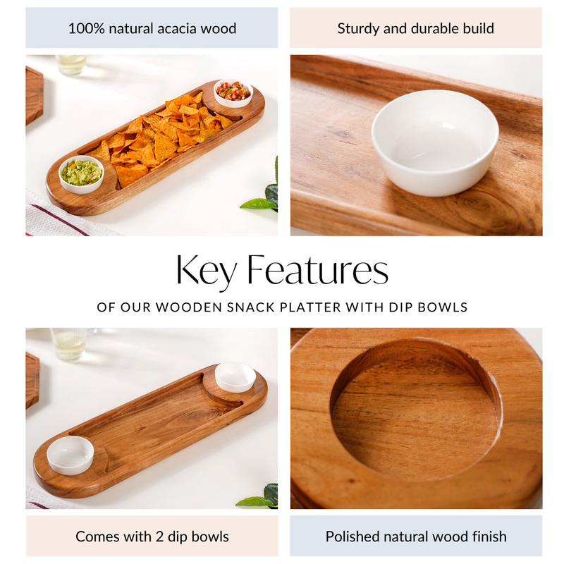 Wooden Snack Platter With Dip Bowls - Serving platter, serving platter for snacks, platter set, serving platter set