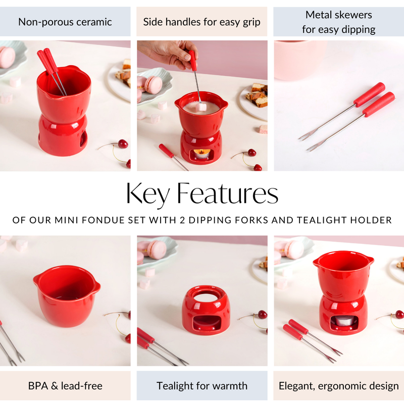 Red Mini Fondue Set With 2 Dipping Forks And Tealight Holder