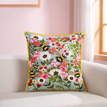 Bee Garden Embroidered Cotton Cushion Cover 40x40cm