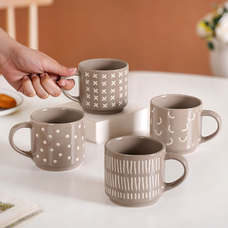 Quirky Beige Stackable Cups Set Of 4 220ml - Tea cups, tea cup set, coffee cups, coffee cup set, ceramic cups, ceramic tea cups