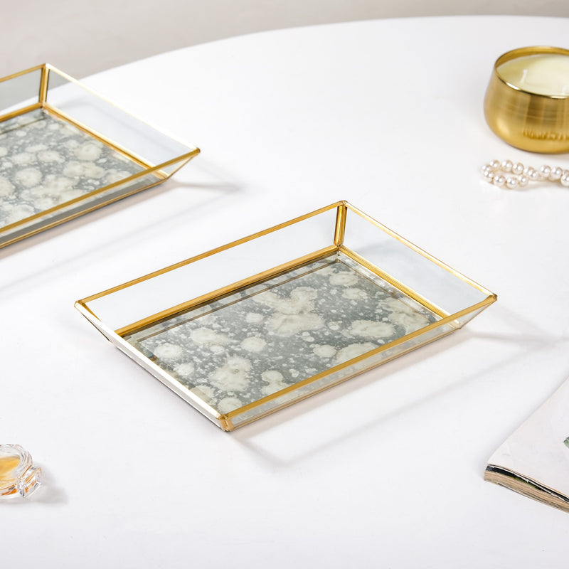 Abstract Design Printed Glass Vanity Tray Set Of 2- Decorative tray, glass tray, trinket tray, gold tray, mirror tray, coffee table tray
