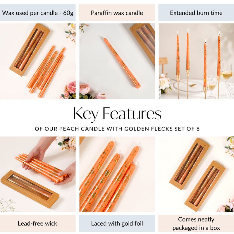 Candle With Golden Flecks Peach Set Of 8- Peach Candle Set, Golden Flecks Candles, Set of 8 Peach Candles, Decorative Peach Candles, Golden Candles