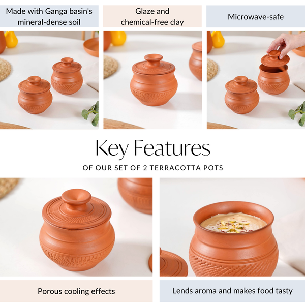 Earthen Clay Pot With Lid Set Of 2 650ml