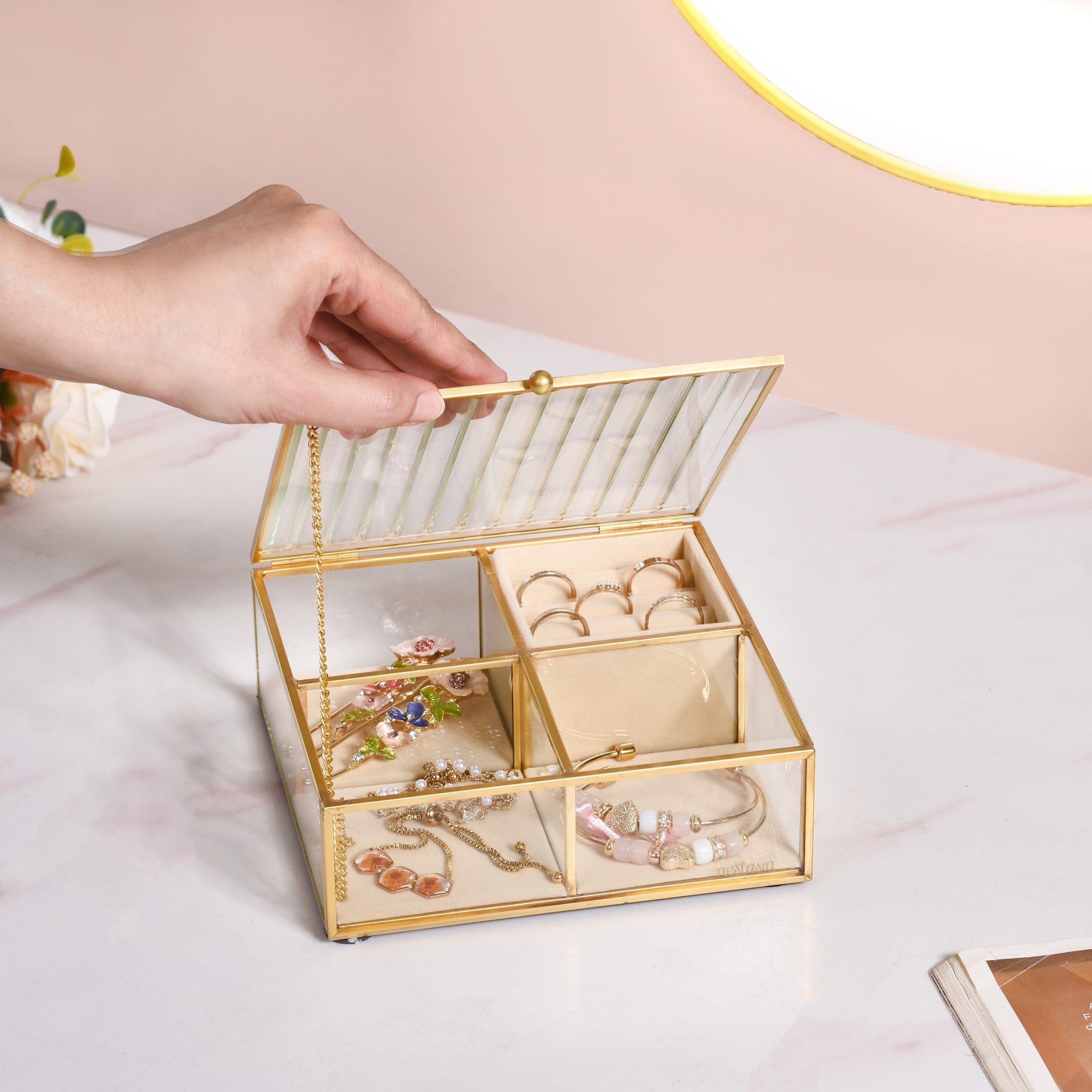 Fluted Lid Multi Section Glass Jewellery Box - Main Image