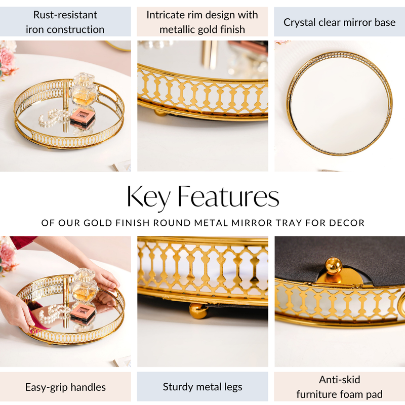 Gold Finish Round Metal Mirror Tray For Decor