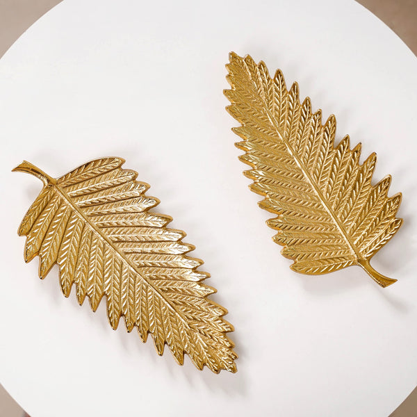 Golden Fern Leaf Metal Tray With Handle Set Of 2