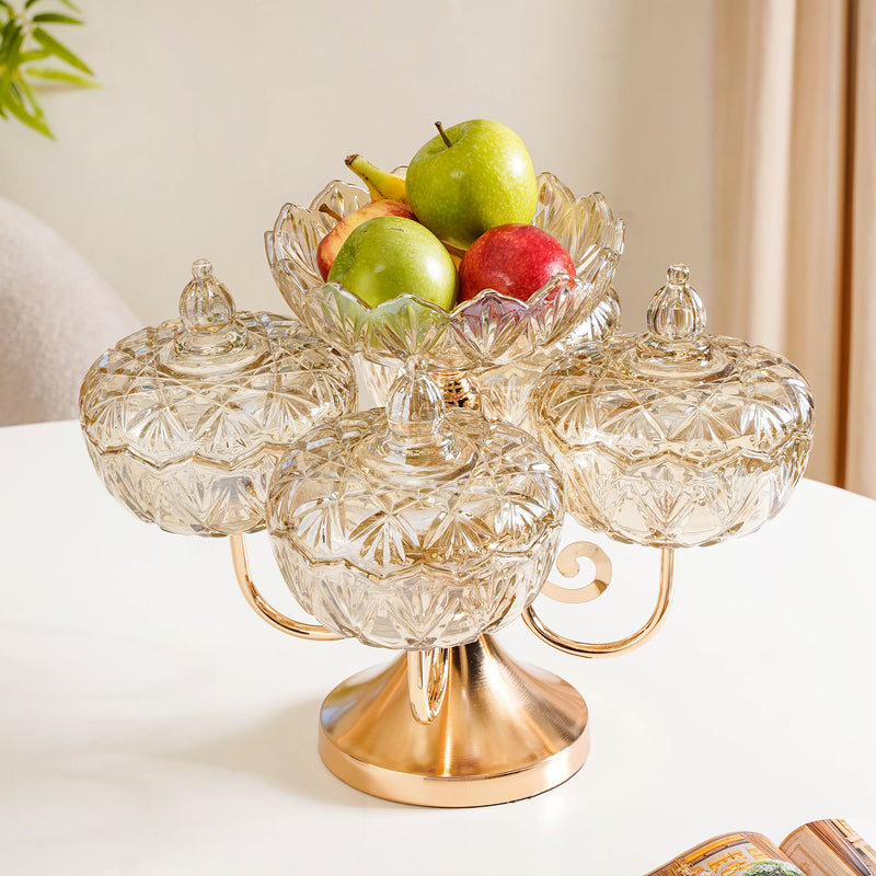 Luxury Glass Bowl Set With 360° Rotating Metal Stand