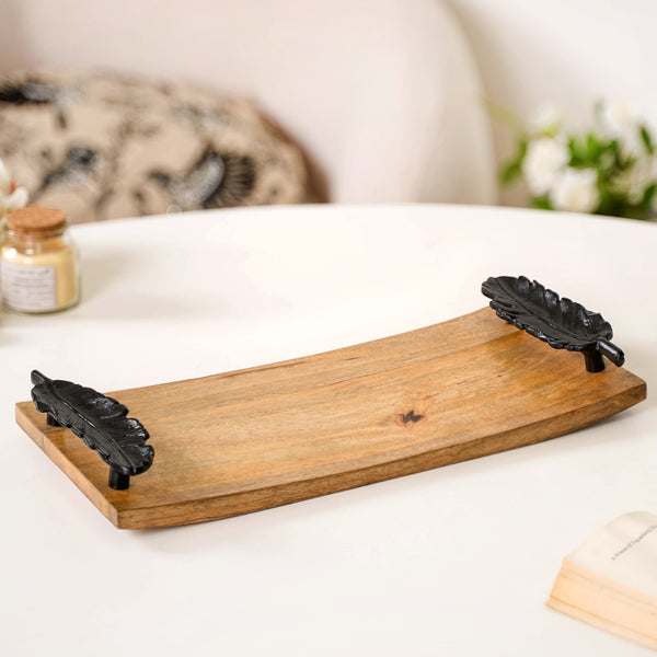 Metal Feather Handle Wooden Tray 15x7 Inch