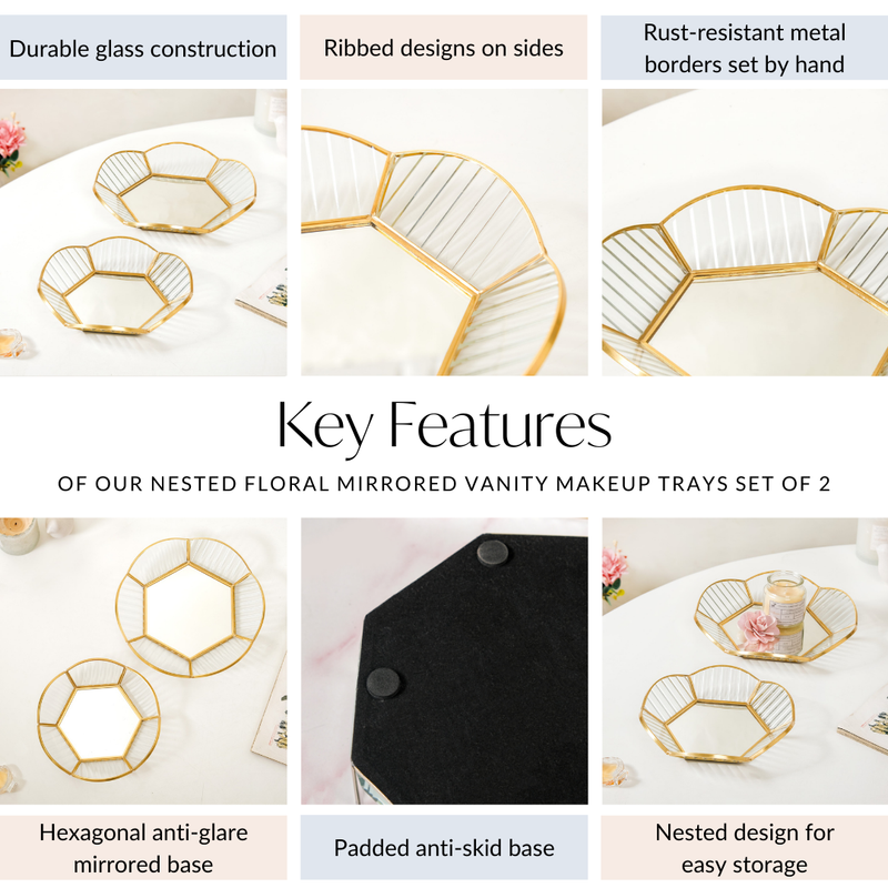 Nested Floral Mirrored Vanity Makeup Trays Set Of 2
