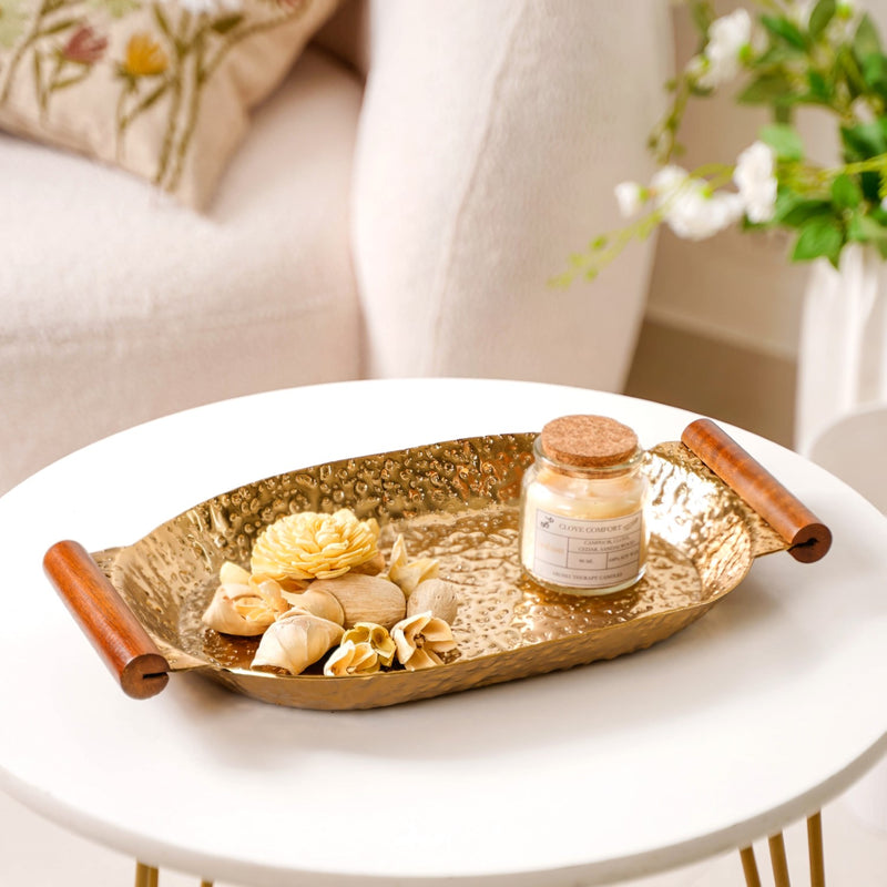 Hammered Design Oval Metal Tray Gold 13x8 Inch