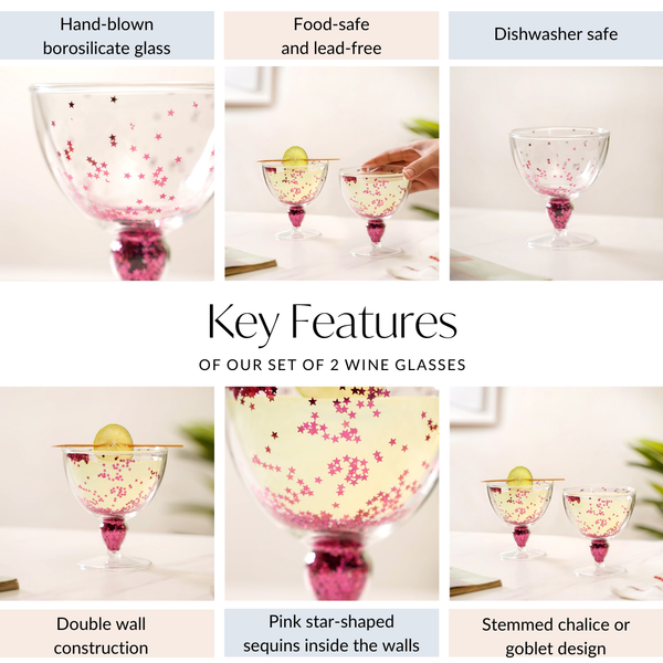 Pink Star Confetti Filled Double Wall Stem Glass Set Of 2 250ml