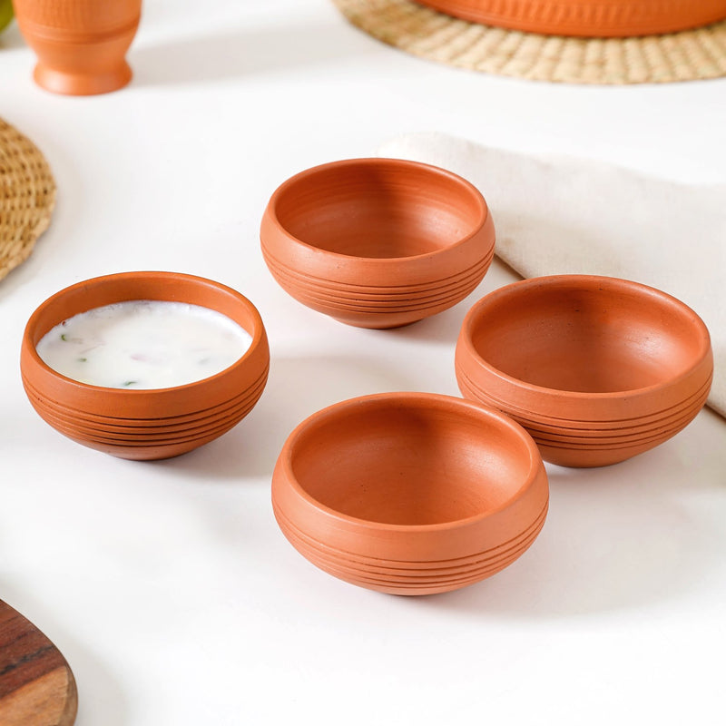 Ring Engraved Terracotta Dessert Bowls Set Of 4 250ml - Dessert bowls, terracotta bowls, dessert bowls set, earthen bowls