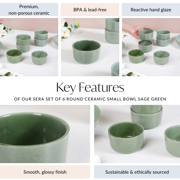 Sera Set Of 6 Round Ceramic Small Bowl Sage Green 200ml