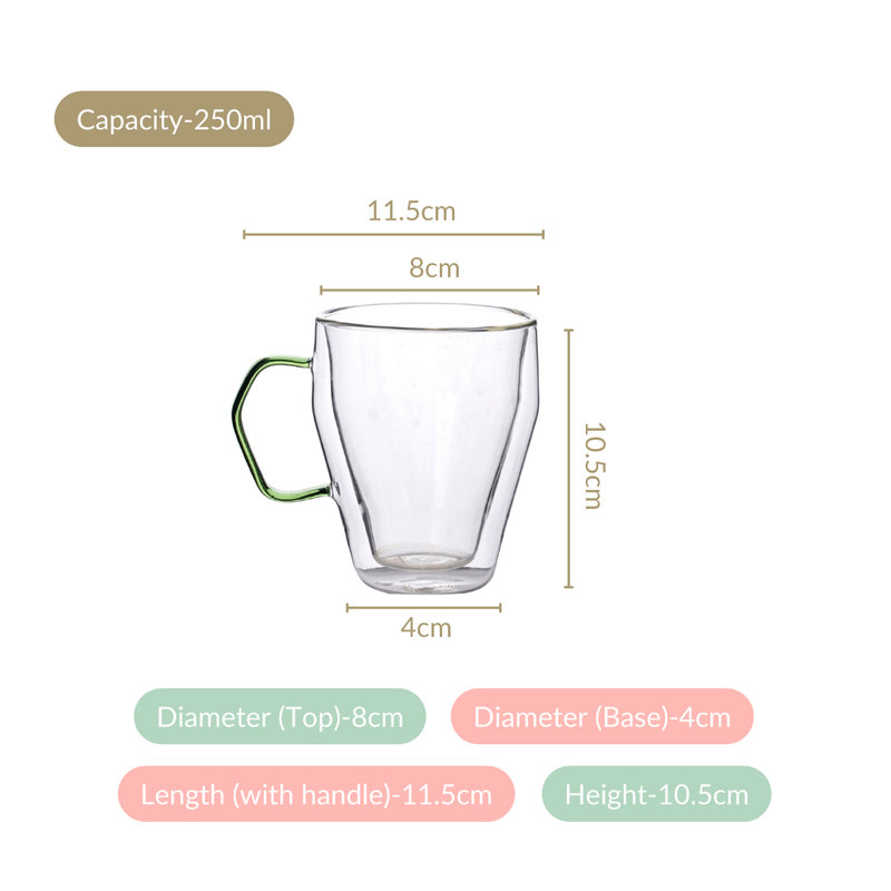 Set Of 2 Transparent Glass Mugs With Green Handle 250ml