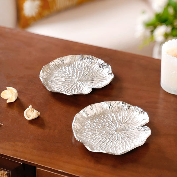 Set Of 2 Silver Lotus Leaf Decorative Tray