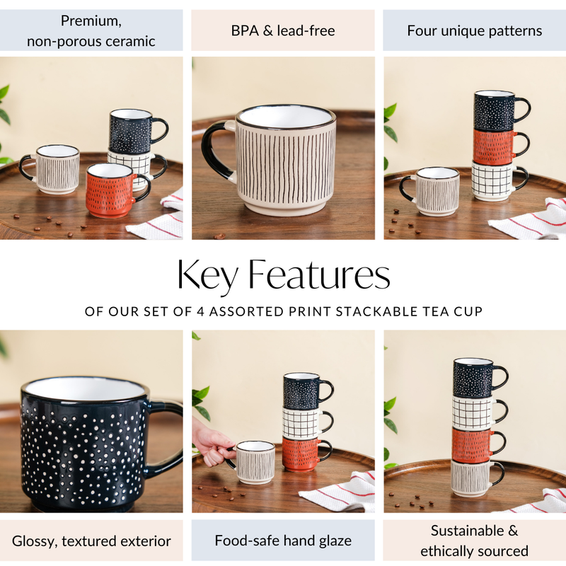 Set Of 4 Assorted Print Stackable Tea Cup 275ml