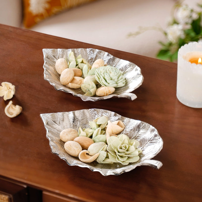 Silver Colocasia Leaf Metal Tray Set Of 2