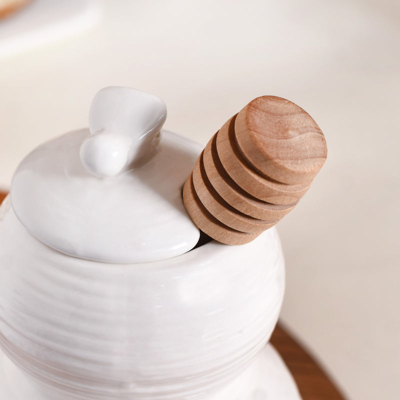 White Honey Pot With Wooden Dipper 350ml