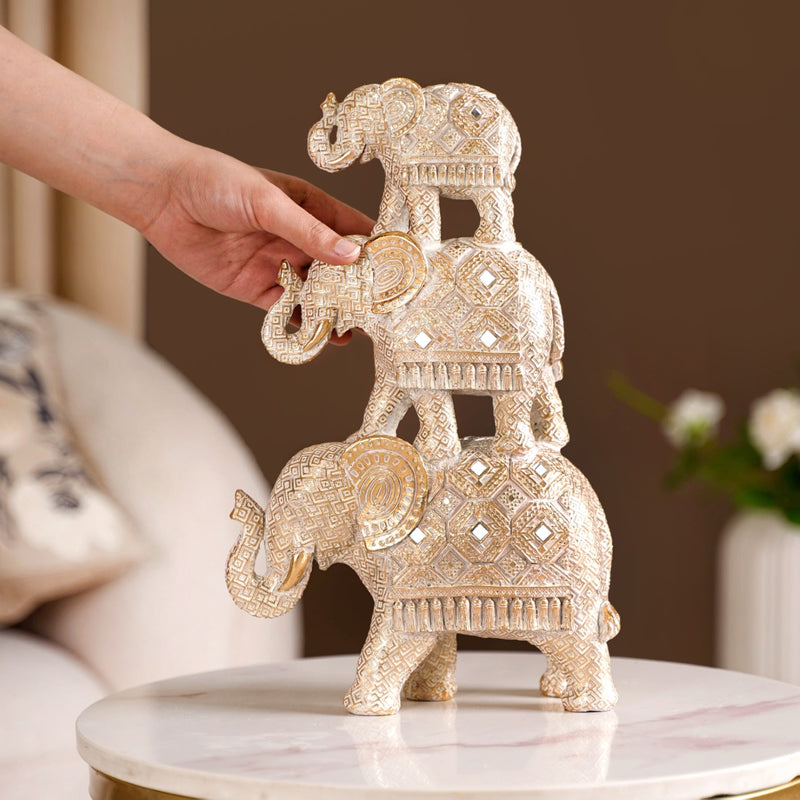 Elephant Family Pyramid With Mirrorwork White- Mirrorwork Decor, White Elephant Figurine, Decorative Elephant Pyramid, Elephant Family Sculpture