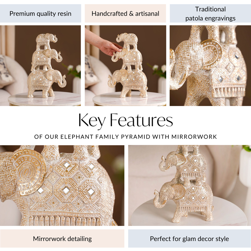 Elephant Family Pyramid With Mirrorwork White- Mirrorwork Decor, White Elephant Figurine, Decorative Elephant Pyramid, Elephant Family Sculpture