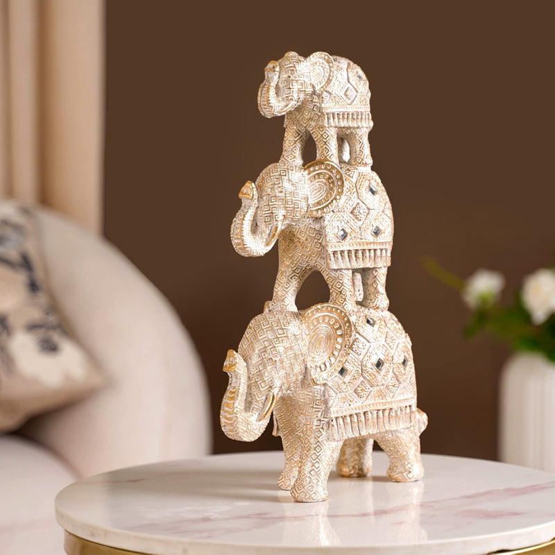 Elephant Family Pyramid With Mirrorwork White- Mirrorwork Decor, White Elephant Figurine, Decorative Elephant Pyramid, Elephant Family Sculpture