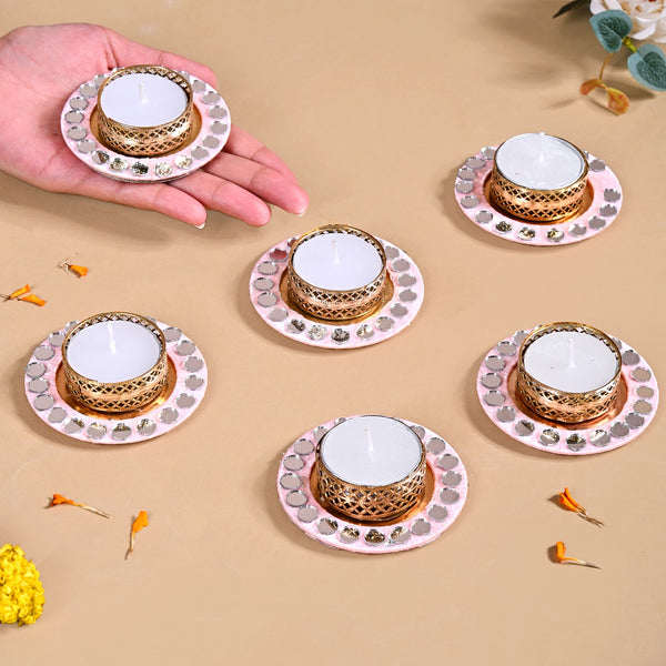 Set Of 6 Mirror Embellished Pink Tea Light Holders