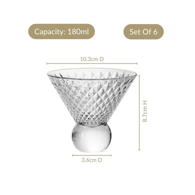 Embossed Crystal Ball Cocktail Glass Set Of 6 180ml