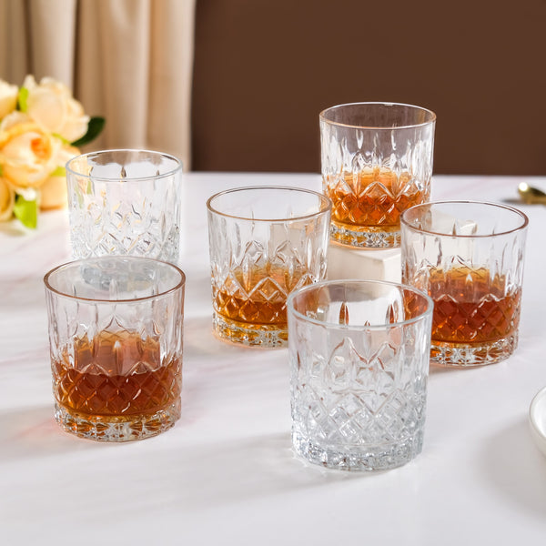 Embossed Heavy Base Old Fashioned Whiskey Glass Large Set Of 6 350ml