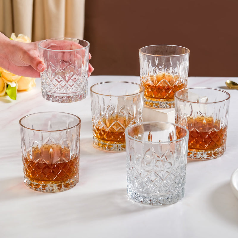 Embossed Heavy Base Old Fashioned Whiskey Glass Set Of 6 350ml