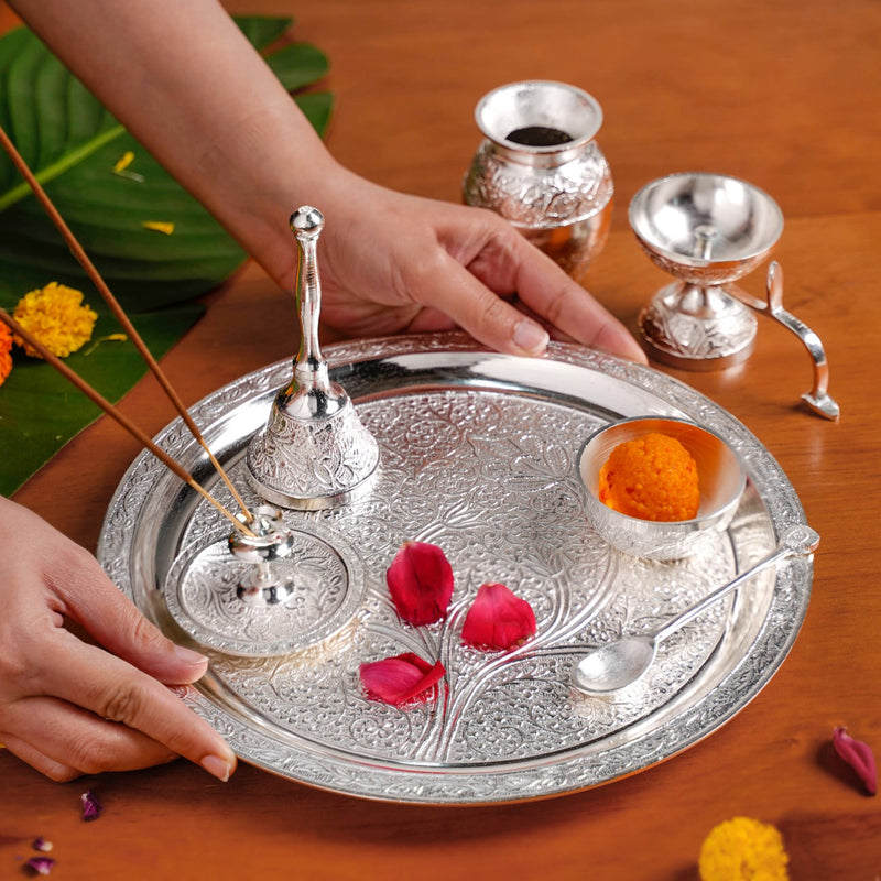 Embossed Silver Pooja Thali Set Of 7 With Kalash Spoon Bowl Bell Diya