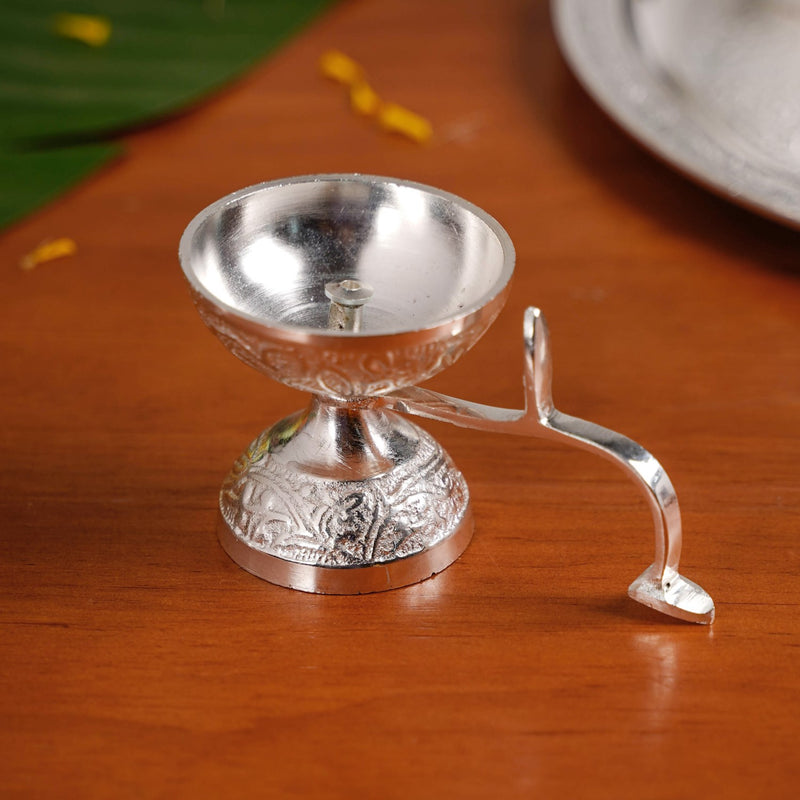 Embossed Silver Pooja Thali Set Of 7 With Kalash Spoon Bowl Bell Diya