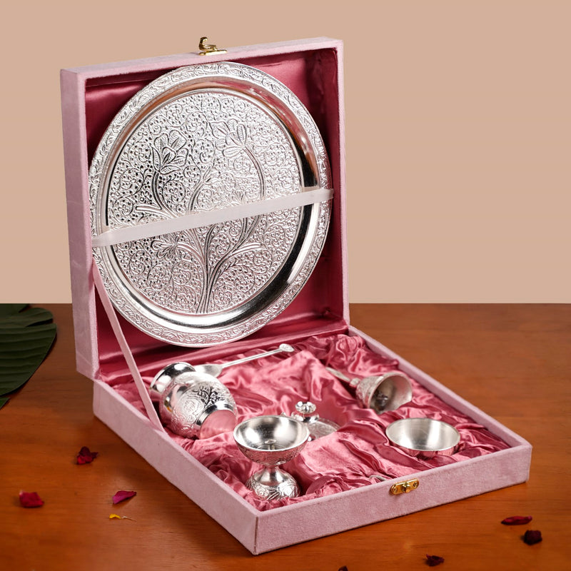 Embossed Silver Pooja Thali Set Of 7 With Kalash Spoon Bowl Bell Diya