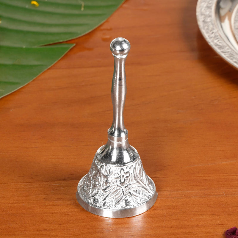 Embossed Silver Pooja Thali Set Of 7 With Kalash Spoon Bowl Bell Diya