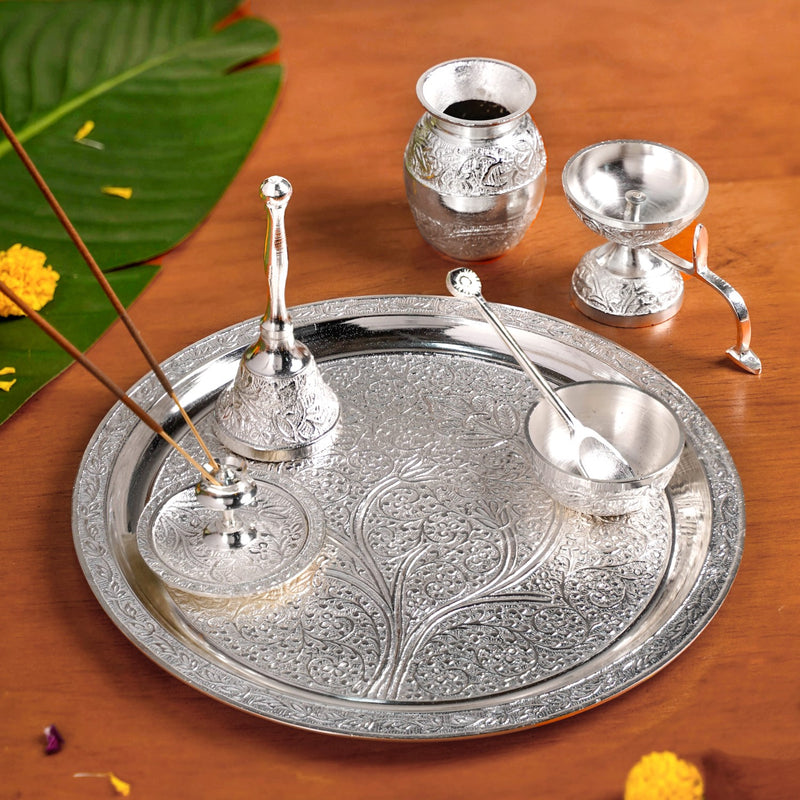 Embossed Silver Pooja Thali Set Of 7 With Kalash Spoon Bowl Bell Diya